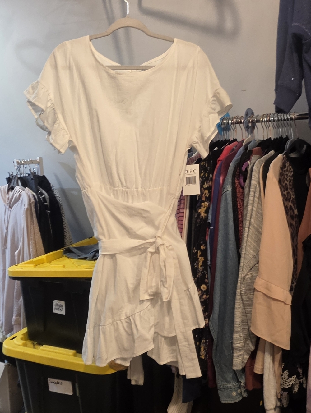 WHITE Cotton Wrap Dress - Stretch Waist Flutter Sleeves And Ruffled Hem. Xl. - Picture 3 of 6
